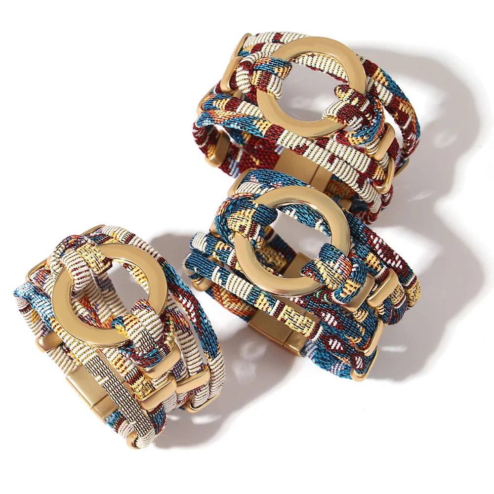 ALLYES Vintage Hollow Round Weave Leather Bracelet for Women Men Ethnic Pattern Multilayer Wrap Wide Bracelets Boho Jewelry