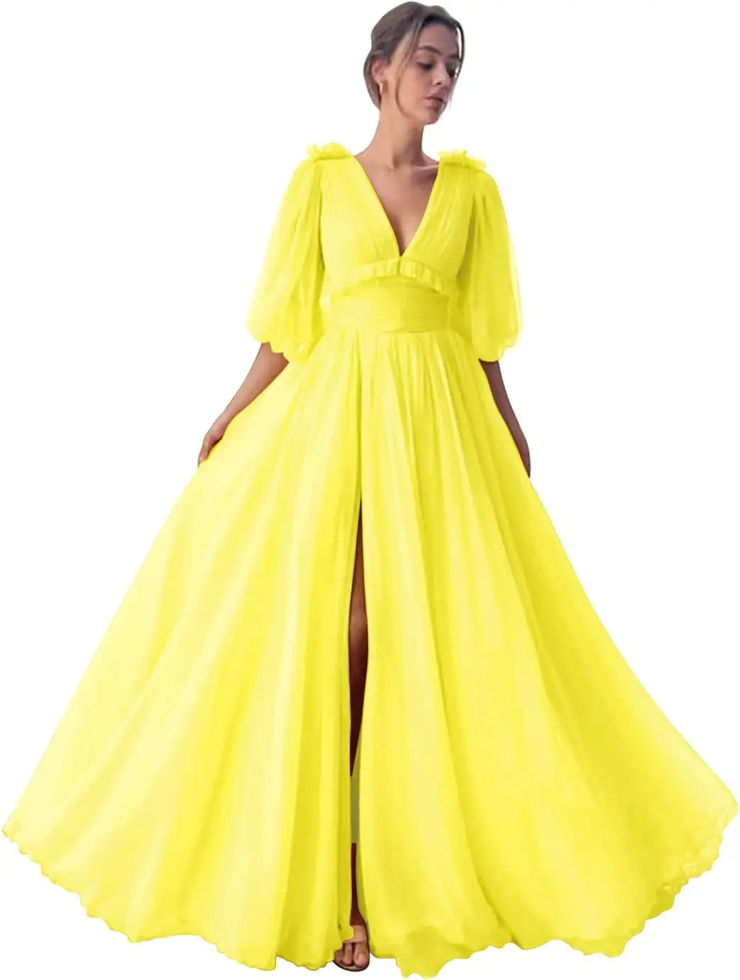 Long Slit Ball Gowns Formal Dresses for Women Evening Party Gown Formal Dress Women Elegant Puffy Sleeve Tulle Prom Dresses 2026