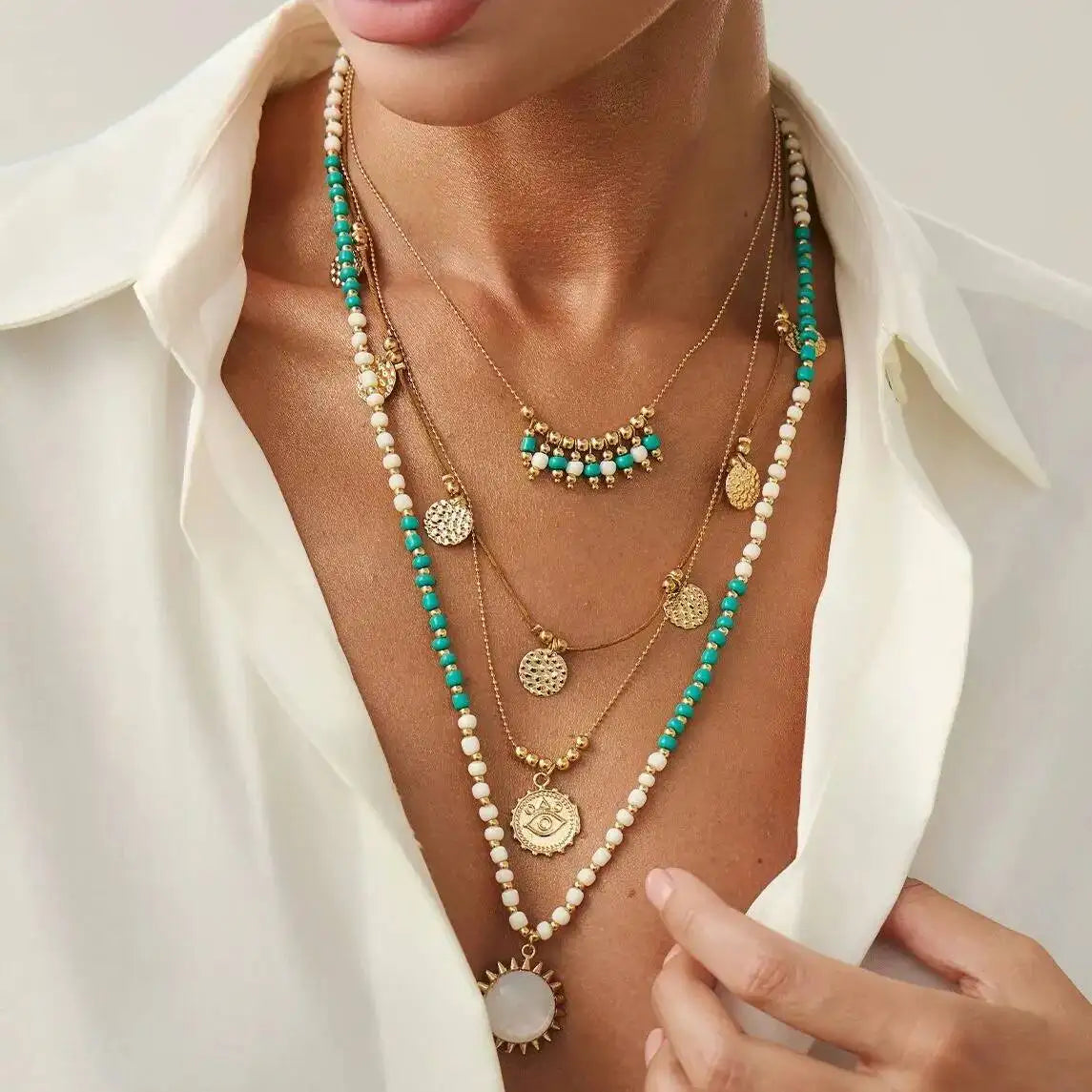 Salircon 2Pcs/set Boho Ethnic Green White Rice Bead Layered Necklace for Women Vintage Sun Metal Eye Pendant Necklace Jewelry