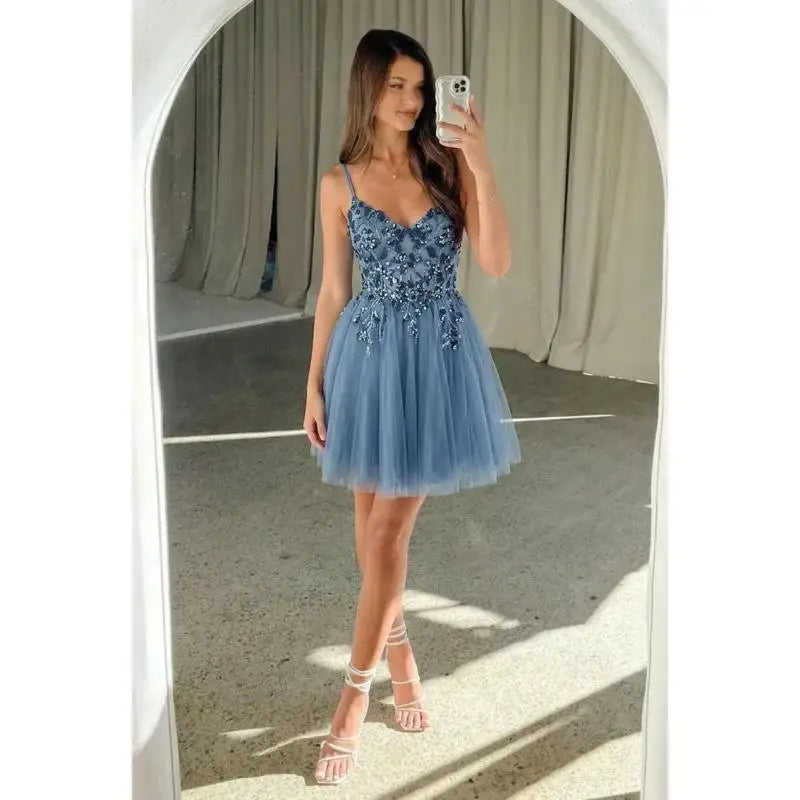 MisShow Green Lace Short Prom Dresses 2025 Sexy  Sequins Tulle Side Slit Short Evening Dress for Wedding Guest 2026