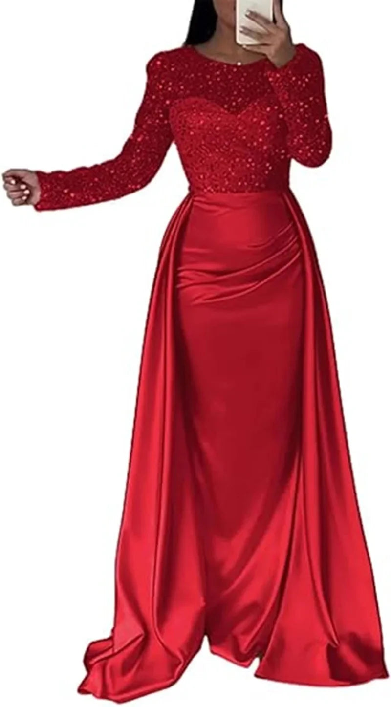 Shiny Sequin Evening Dress Long Sleeve Women's Style Queen Atmosphere Hostess Annual Ball Ceremony Chic Lady Fashionable Mommy O