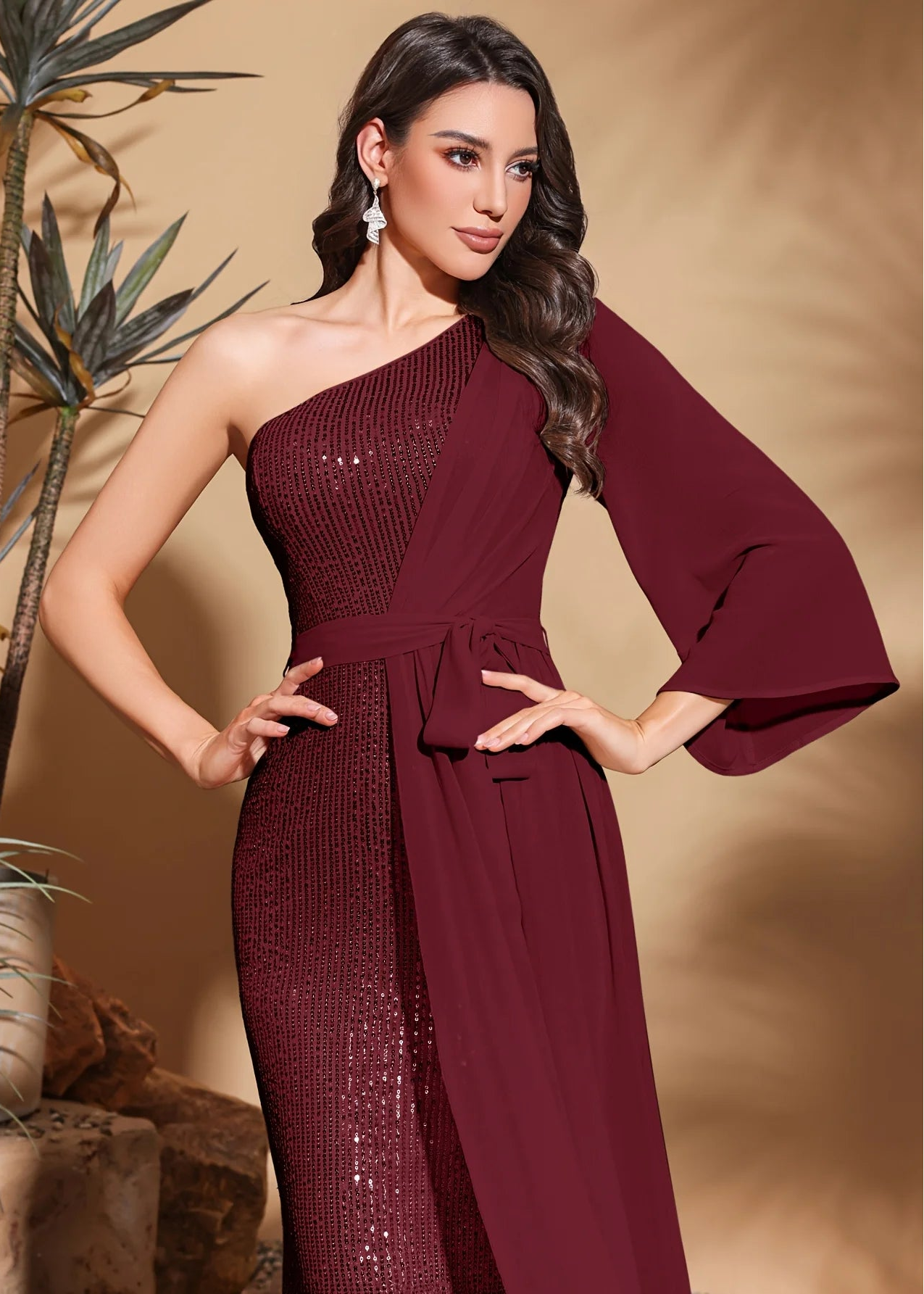 Sequined one-shoulder chiffon patchwork belt-decorated hip dress