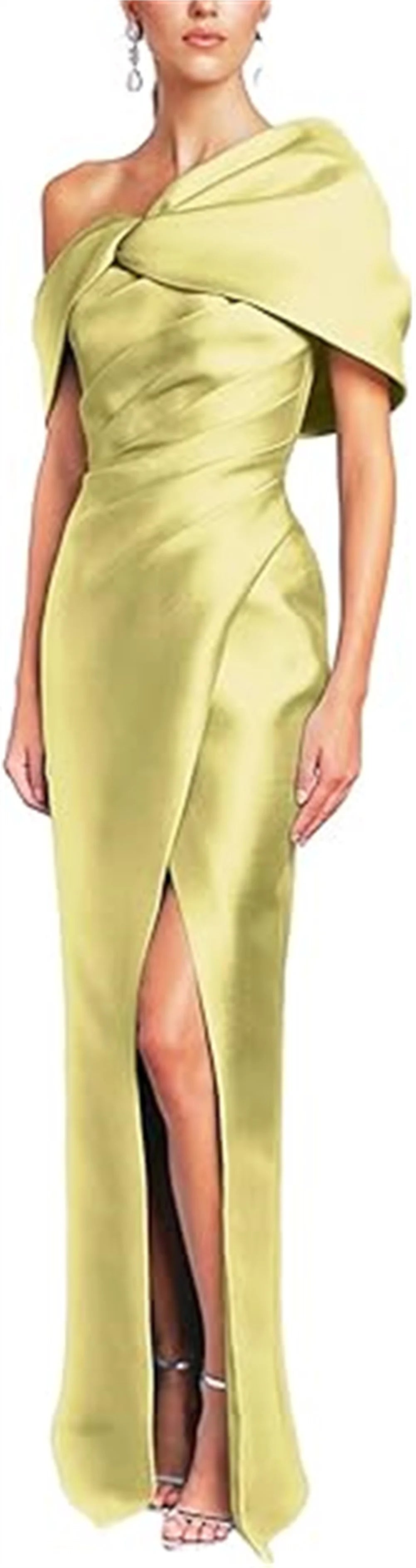 Women Mermaid Satin Floor Length Evening Gowns Sheath High Side Slit One Shoulder Ruched Backless Wedding Guest Dress