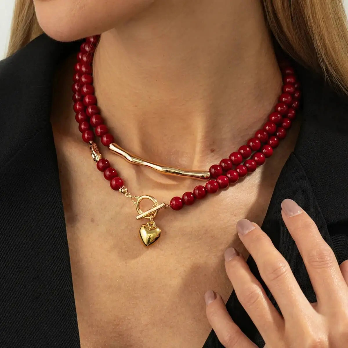 KunJoe Vintage Red Acrylic Beaded Choker Necklace for Women Trendy Stacked Love Heart Pendant Necklace New Year Jewelry Gifts