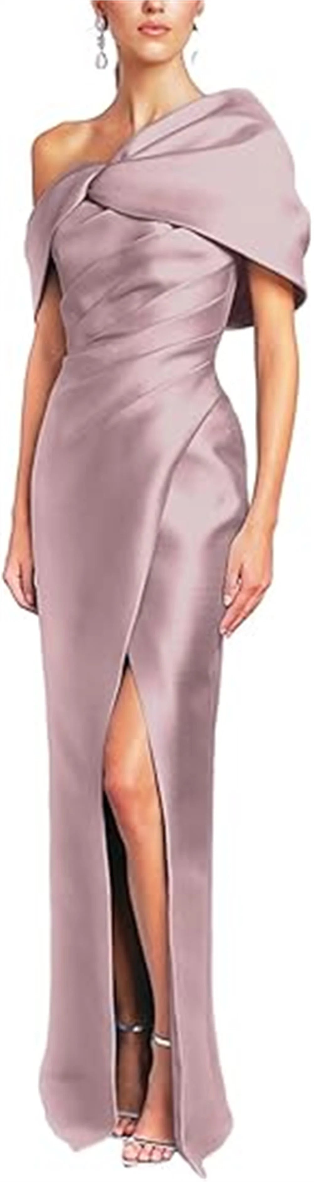 Women Mermaid Satin Floor Length Evening Gowns Sheath High Side Slit One Shoulder Ruched Backless Wedding Guest Dress