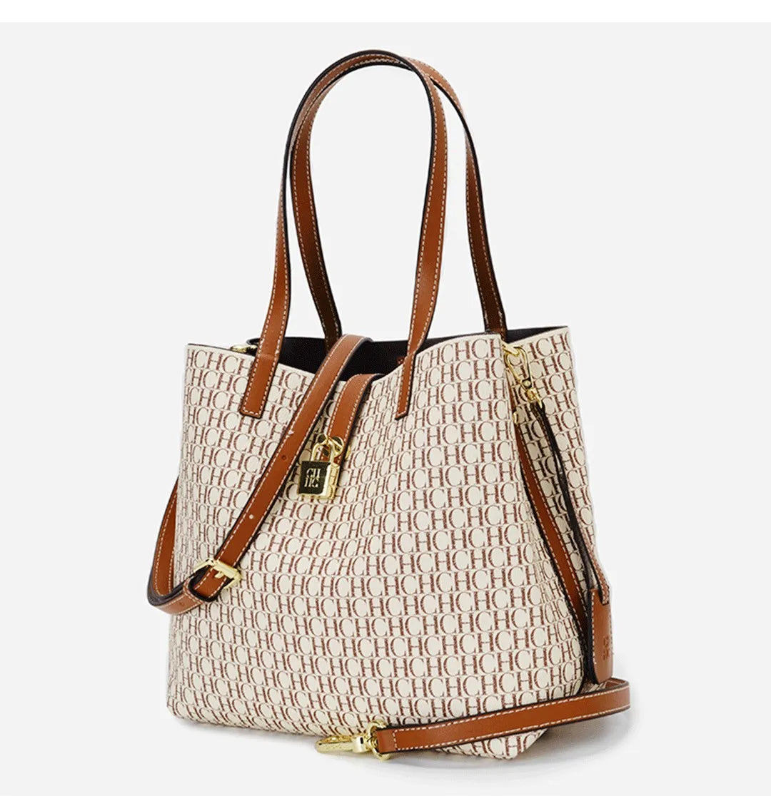 CH Women's Shoulder Bag Simple Large Capacity Letters Print Design Small Metal Accessories Daily Commuter Tote Bag Pure Color