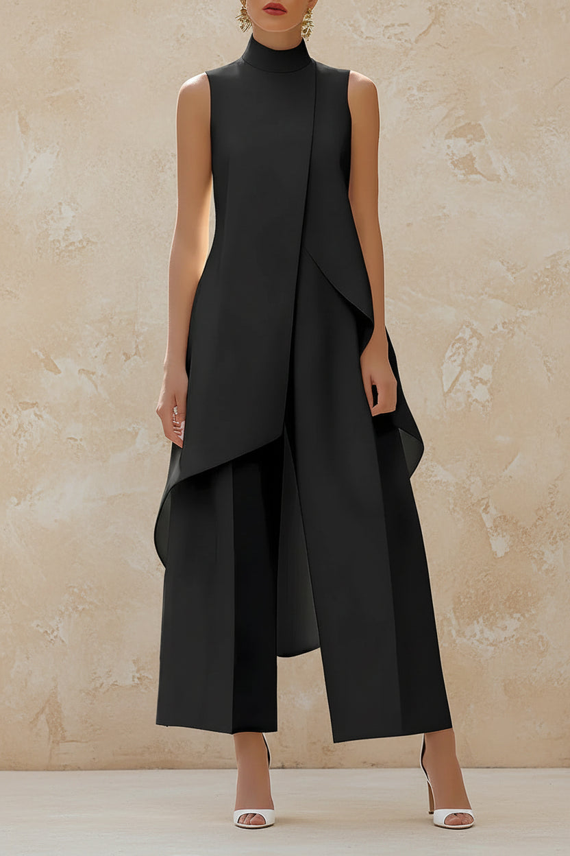 Sleeveless High Neck Asymmetrical Layered Wide Leg Jumpsuit for Women Elegant Formal Evening Wear