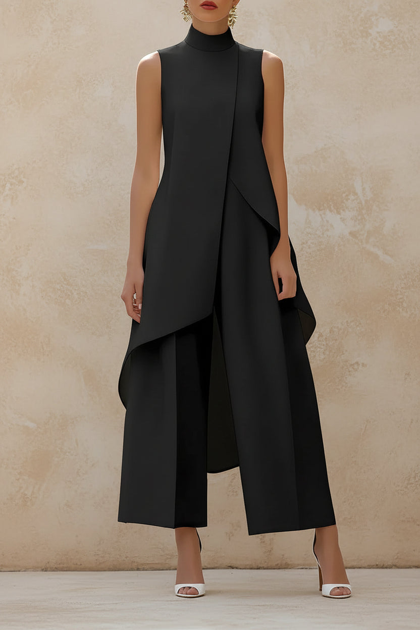 Sleeveless High Neck Asymmetrical Layered Wide Leg Jumpsuit for Women Elegant Formal Evening Wear