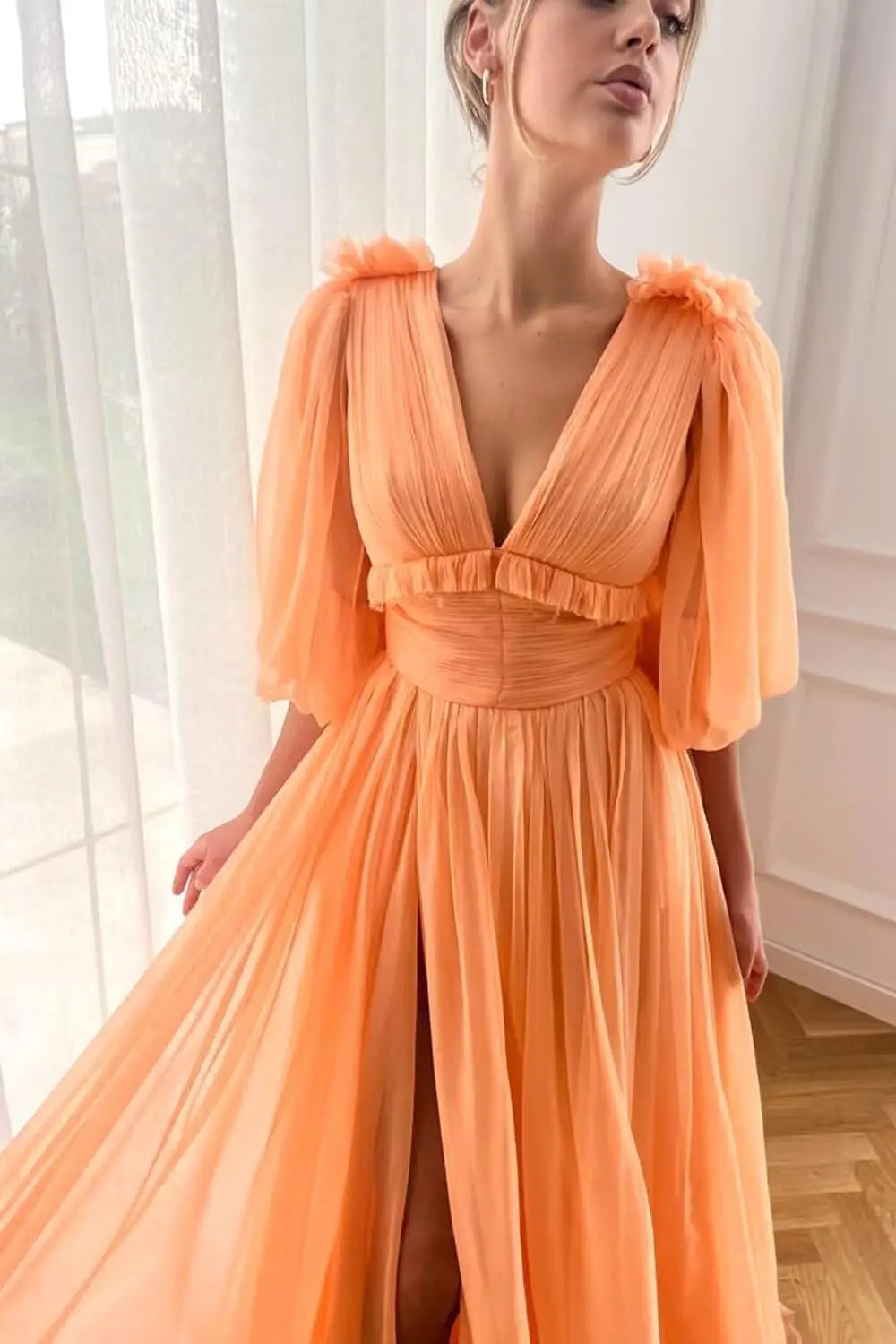 Long Slit Ball Gowns Formal Dresses for Women Evening Party Gown Formal Dress Women Elegant Puffy Sleeve Tulle Prom Dresses 2026