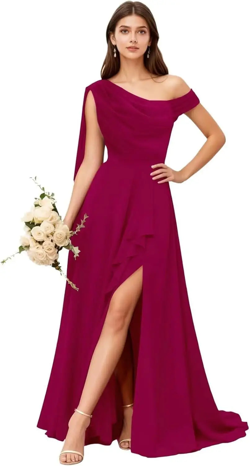 Chiffon One Shoulder Bridesmaid Dresses for Women with Pleated Ruffles A Line Long Formal Dress with Slit