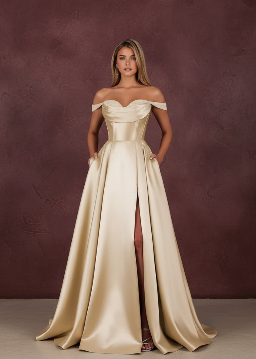 Satin Prom Dress for Women Off The Shoulder Formal Evening Dresses with Slit Sweetheart Ball Gown