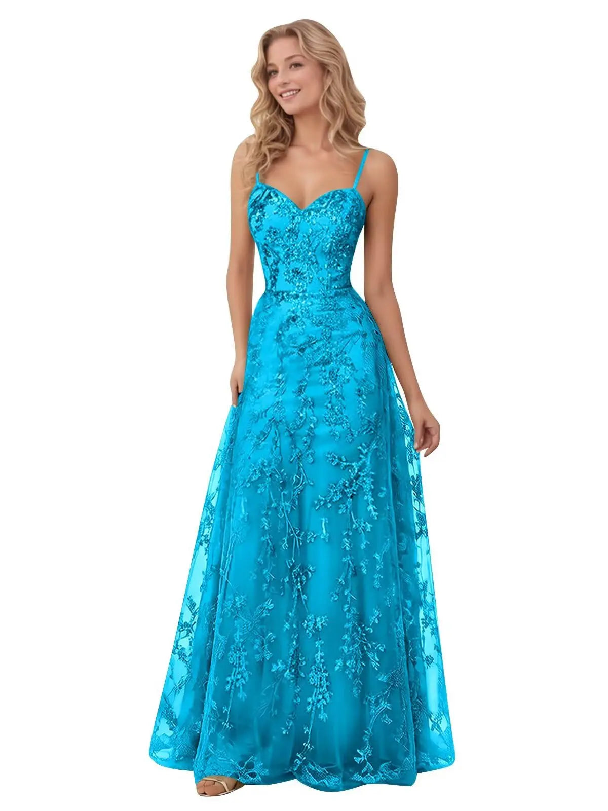 Tulle Formal Dress Laces Spaghetti Strap Sparkly Prom Dress for Women Long Evening Party Gown Formal Dress Women Elegant