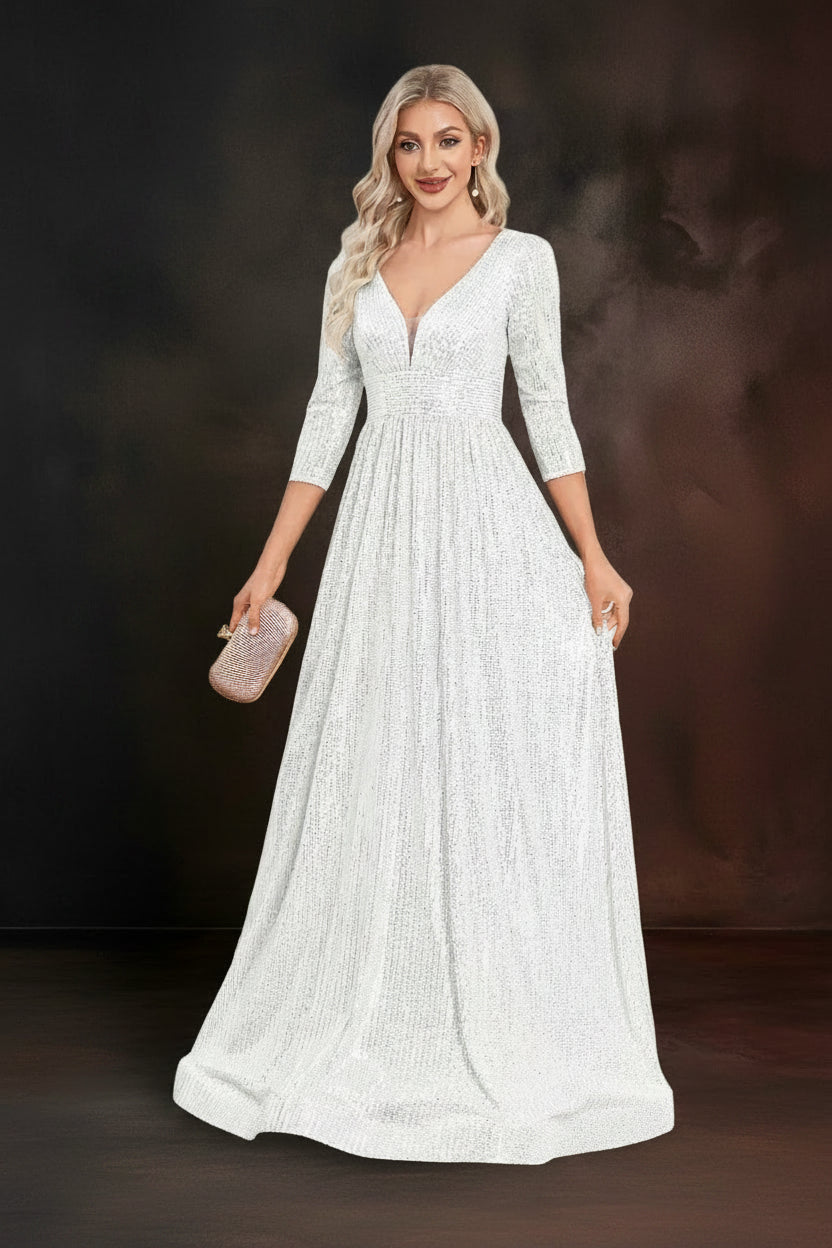 Luxury V Neck Long Sleeves Blue Sequins Formal Evening Dress Women 2024 Wedding Party Prom Maxi Cocktail Dress Gowns