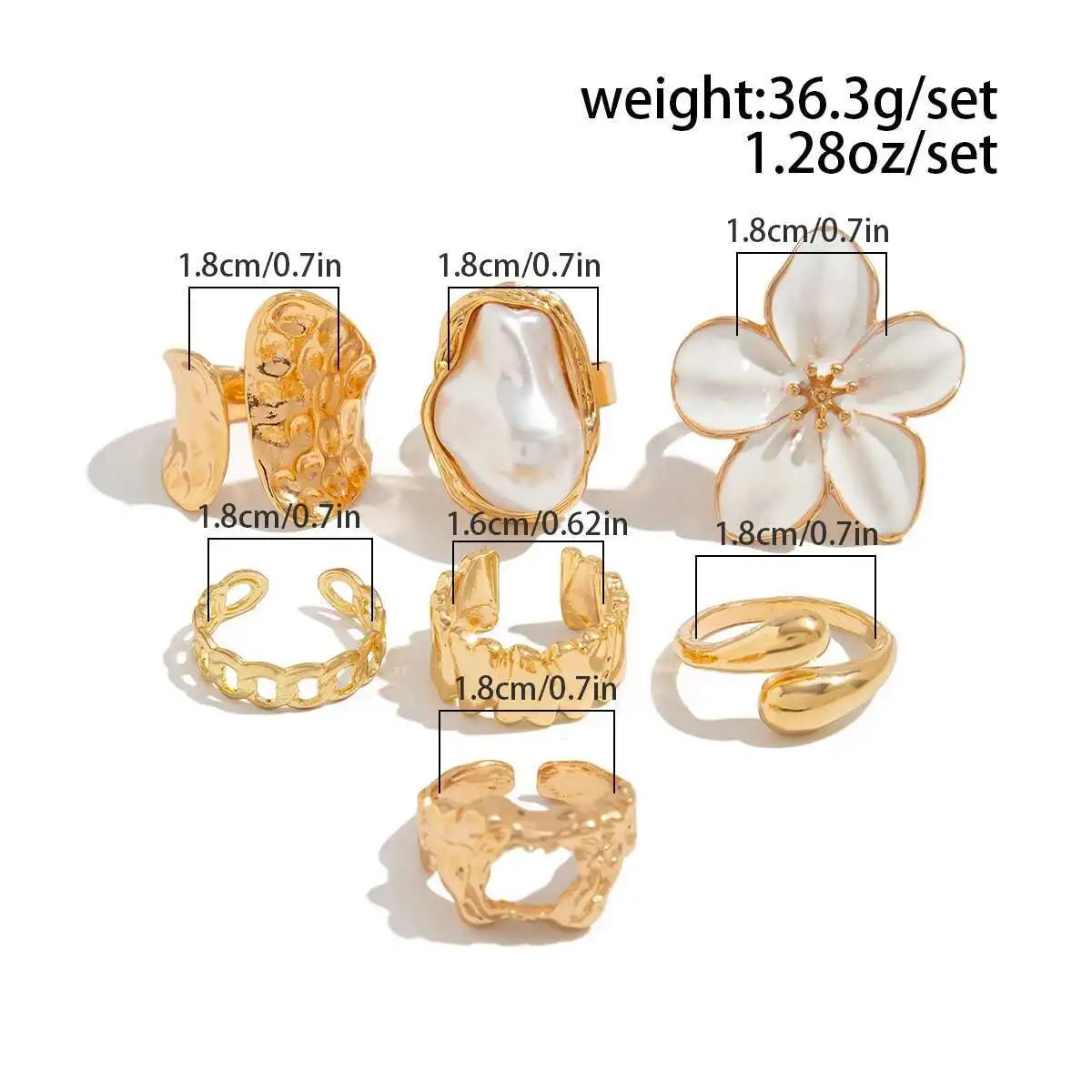 KunJoe 7Pcs/Set Imitation Pearl White Flower Open Ring for Women Trendy Geometry Water Drop Adjustable Finger Ring Jewelry Gift