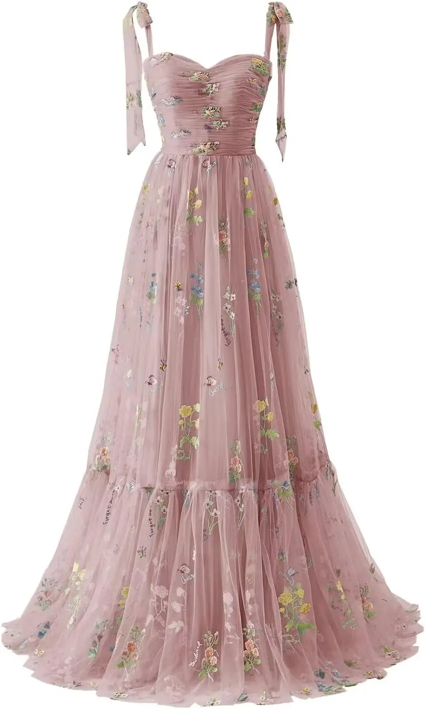Tulle Prom Dresses for Women Flower Embroidery A-Line Formal Evening Party Gowns Formal Dress Women Elegant Evening Dress
