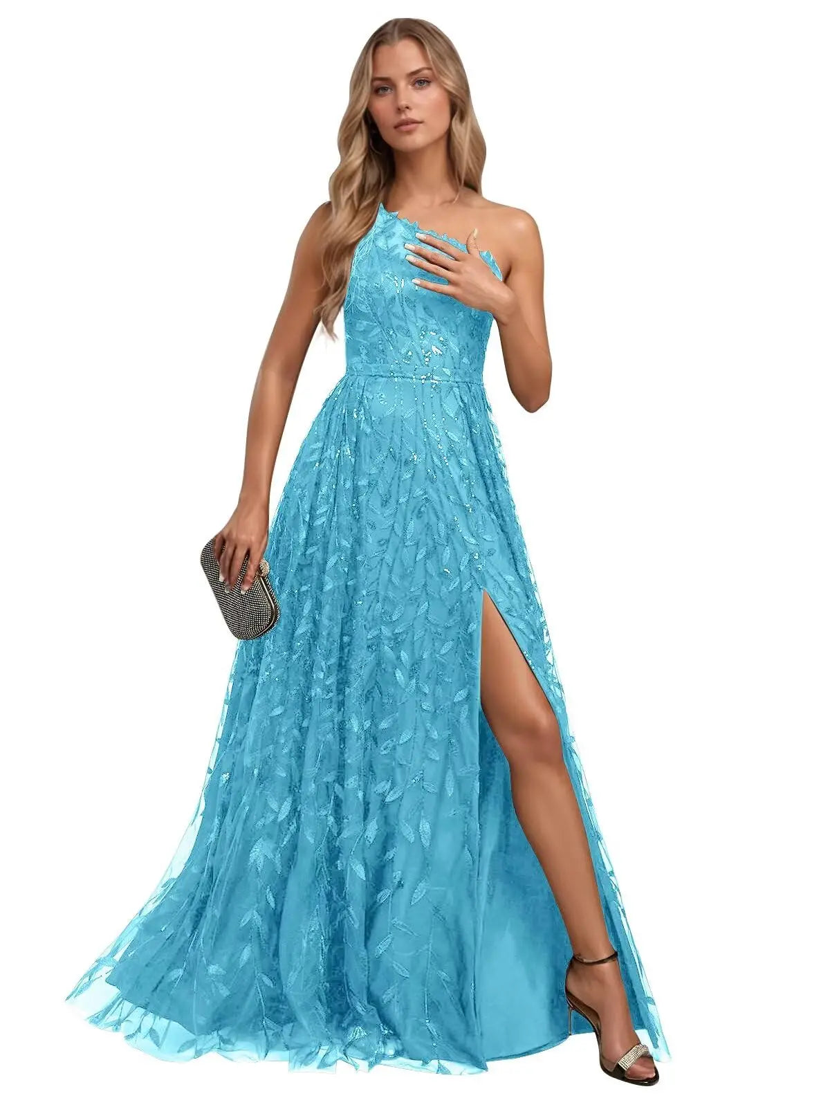 Lace Embroidered sequins Prom Dresses for Women One Shoulder Formal Party Dress Sleeveless Maxi Evening Gown with Slit