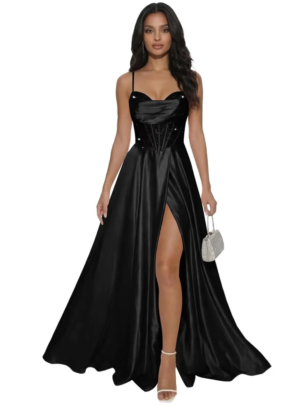 Pleated Satin A Line Prom Dresses for Women Spaghetti Straps Sequin Corset Formal Dress with Slit Formal Dress Women Elegant