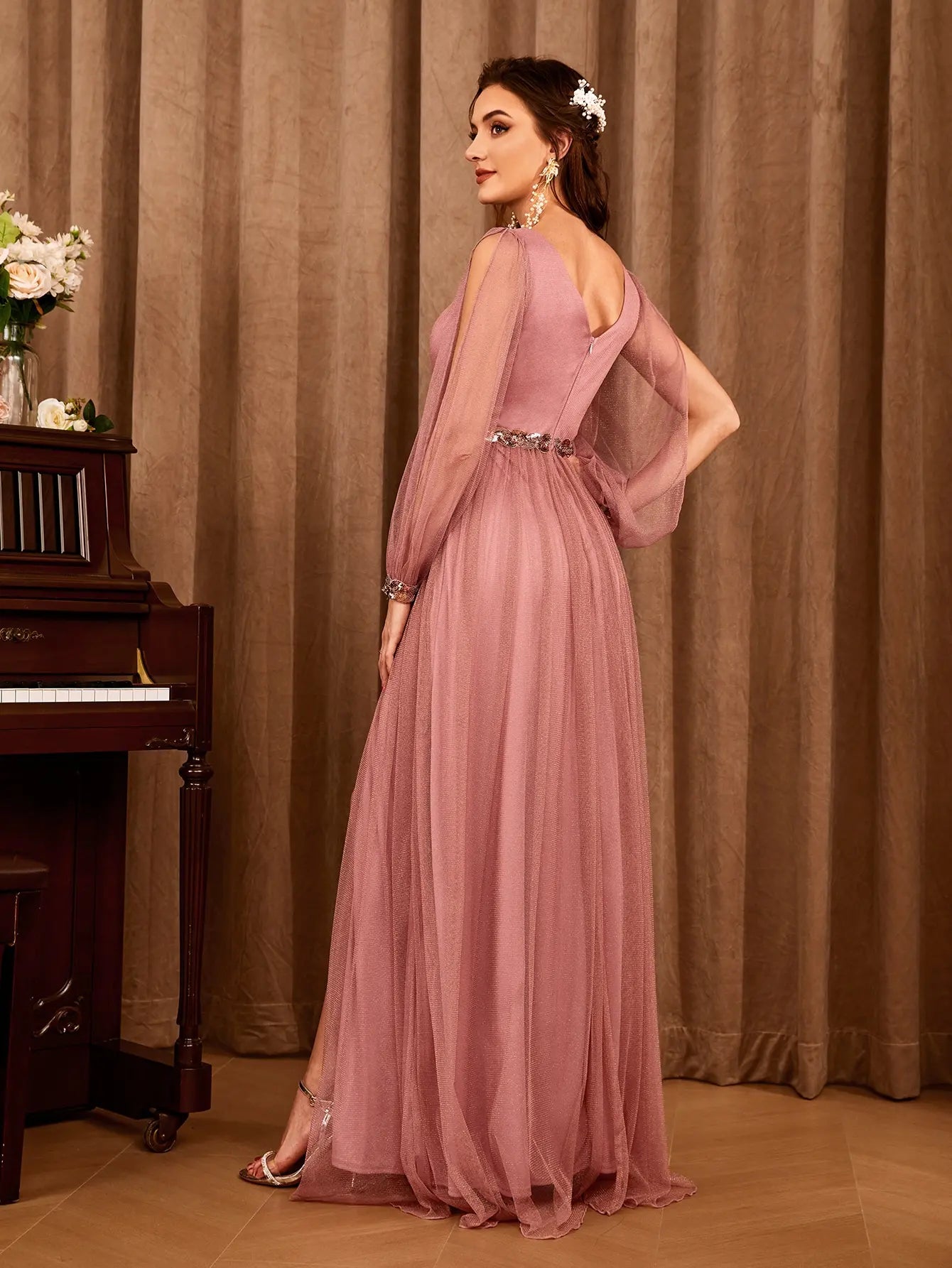 Mgiacy V-neck gauze applique slit elegant Evening gown Ball dress Party dress Bridesmaid dress