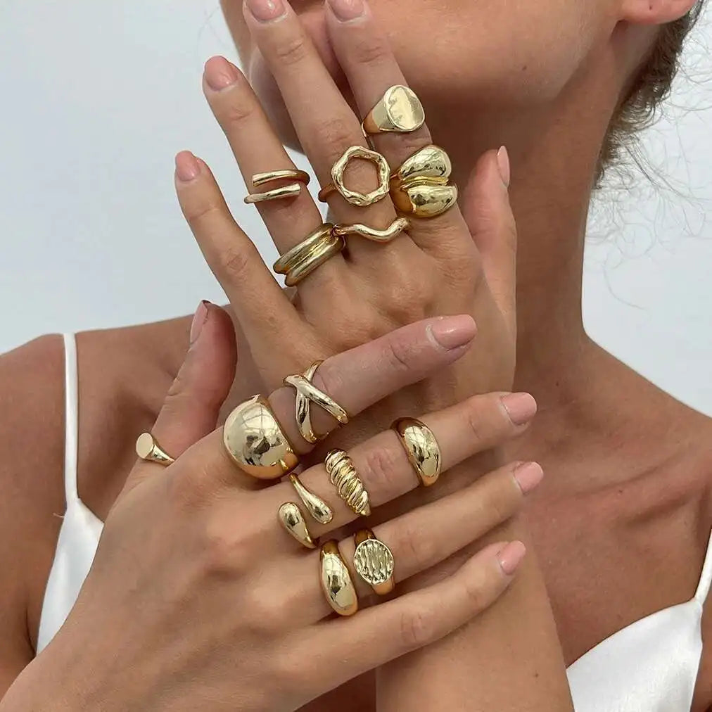 Salircon 14Pcs/Set Unique Creative Smooth Water Drop Rings for Women 2025 Punk Geometric Adjustable Finger Ring Couple Jewelry