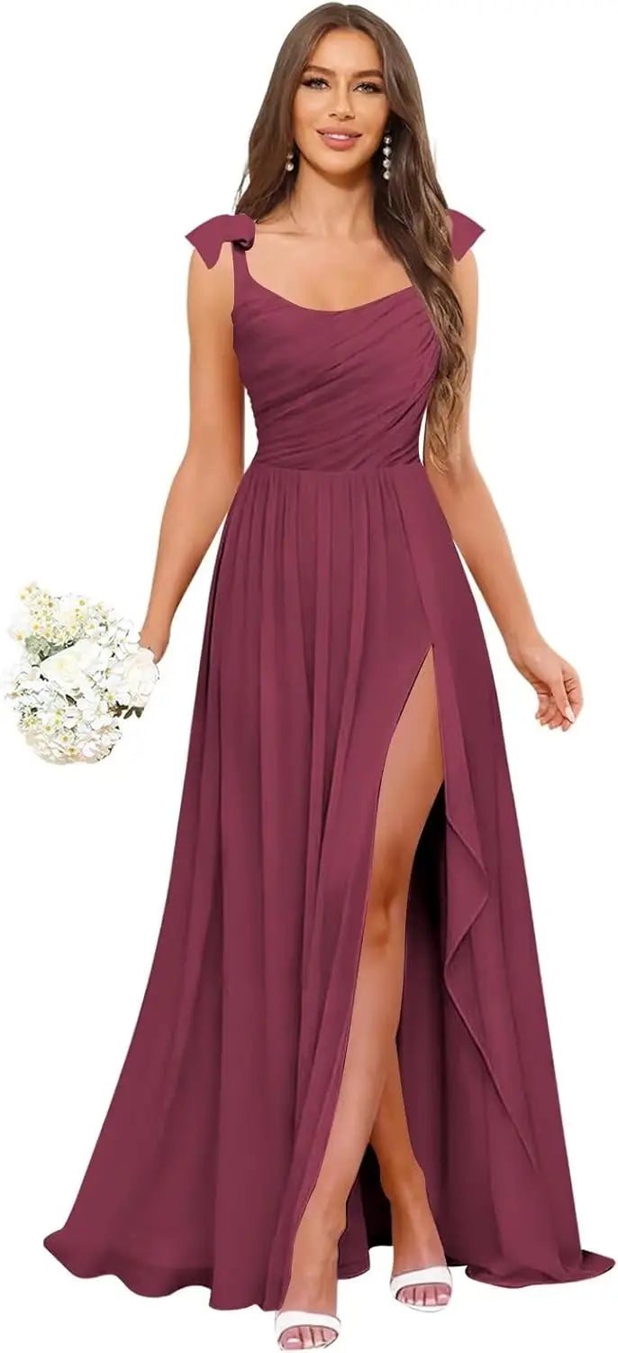 Square Neck Bridesmaid Dress with Ruffle Slit Chiffon Spaghetti Straps Ruched Bust Long Formal Prom Wedding Guest Gown