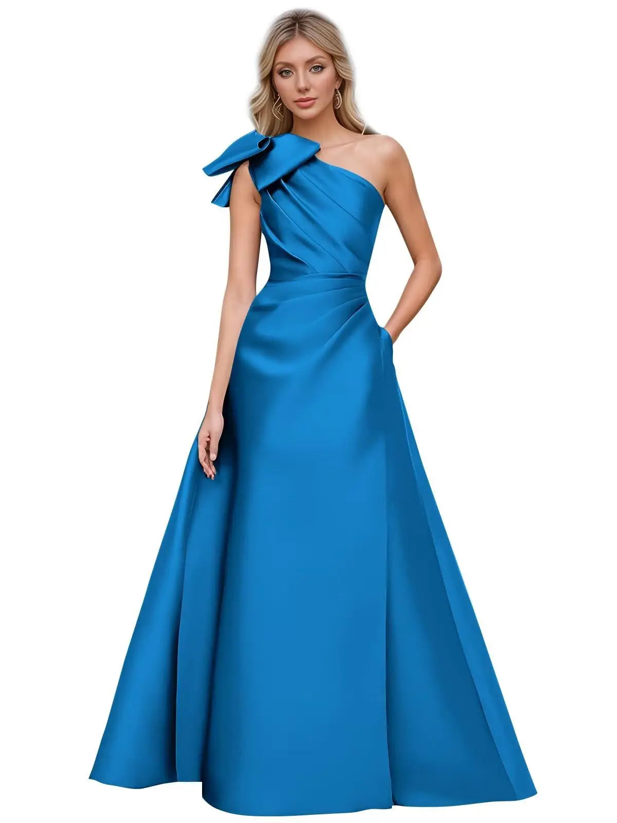Women’s One Shoulder Prom Dresses Satin Mother of The Bride Dresses A Line Modest Formal Evening Gown with Bow