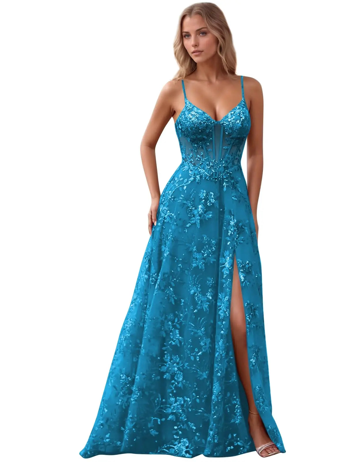Spaghetti Strap Tulle Appliques Prom Dresses with Slit V Neck Sequin Evening Gown Women Formal Pageant Dress Long Party Dresses