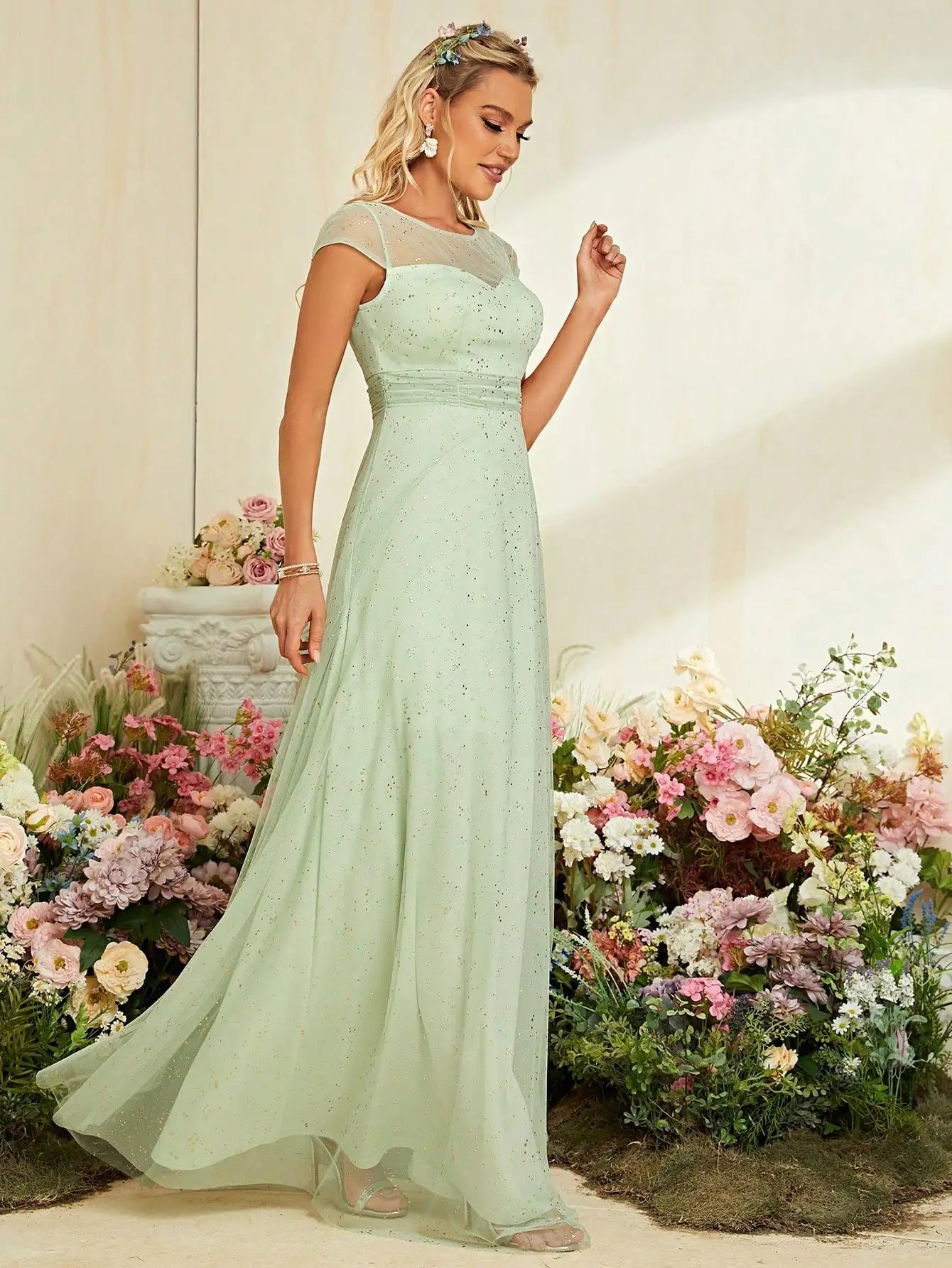 Mgiacy round neck short sleeve gold mesh full skirt Evening gown Ball dress Party dress