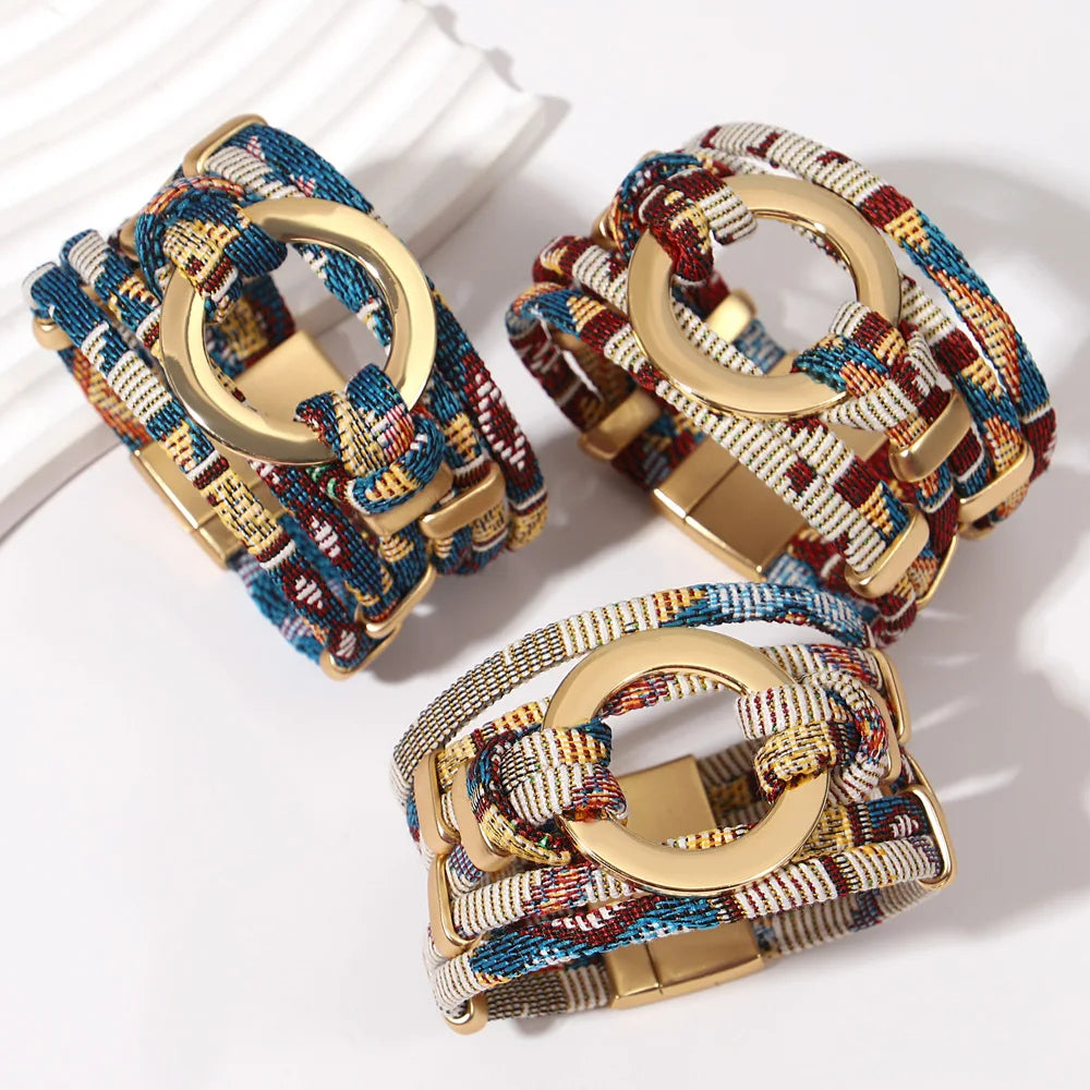 ALLYES Vintage Hollow Round Weave Leather Bracelet for Women Men Ethnic Pattern Multilayer Wrap Wide Bracelets Boho Jewelry