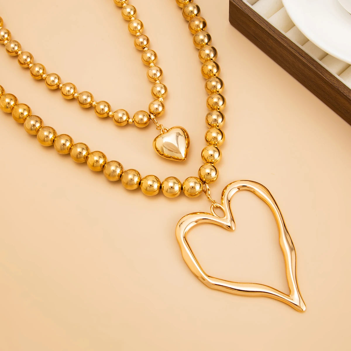 Salircon 2Pcs/Set Exaggerated Hollowout Large Heart Pendant Necklace for Women Punk CCB Beaded Choker Chain Party Jewelry Gifts