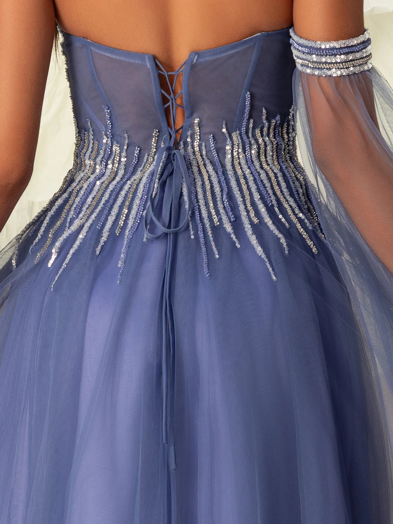 VIPGIRL Women's Dusty Blue Off-Shoulder Beaded Tulle Evening Gown High Slit A-Line Prom Dress