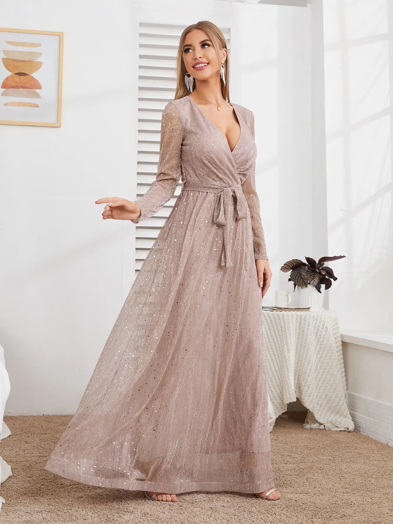 MGIACY V-neck mesh glitter gold elegant long-sleeved dress
