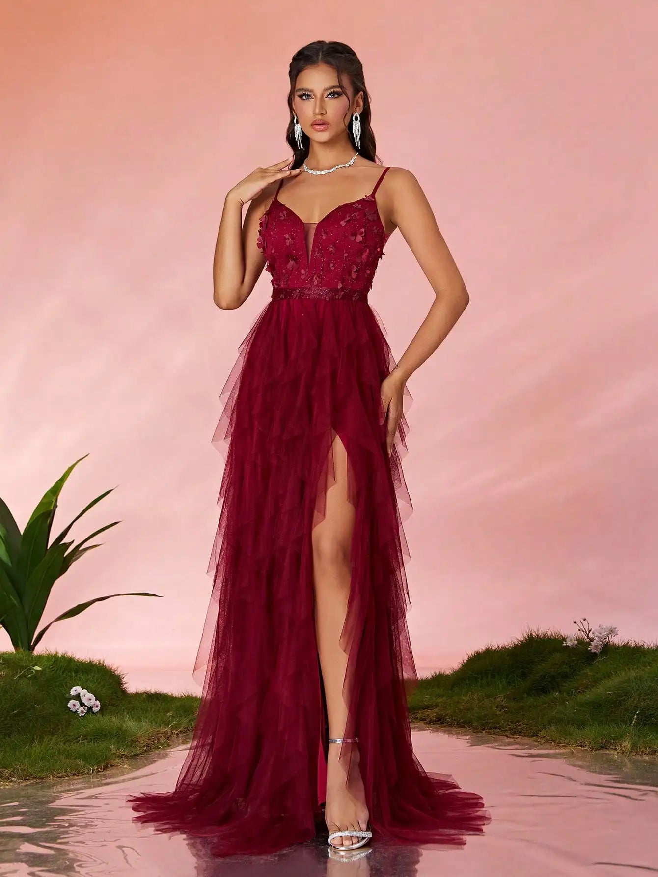 V-neck sexy three-dimensional embroidery bar, spliced three-dimensional mesh lotus leaf dress, big split long dress