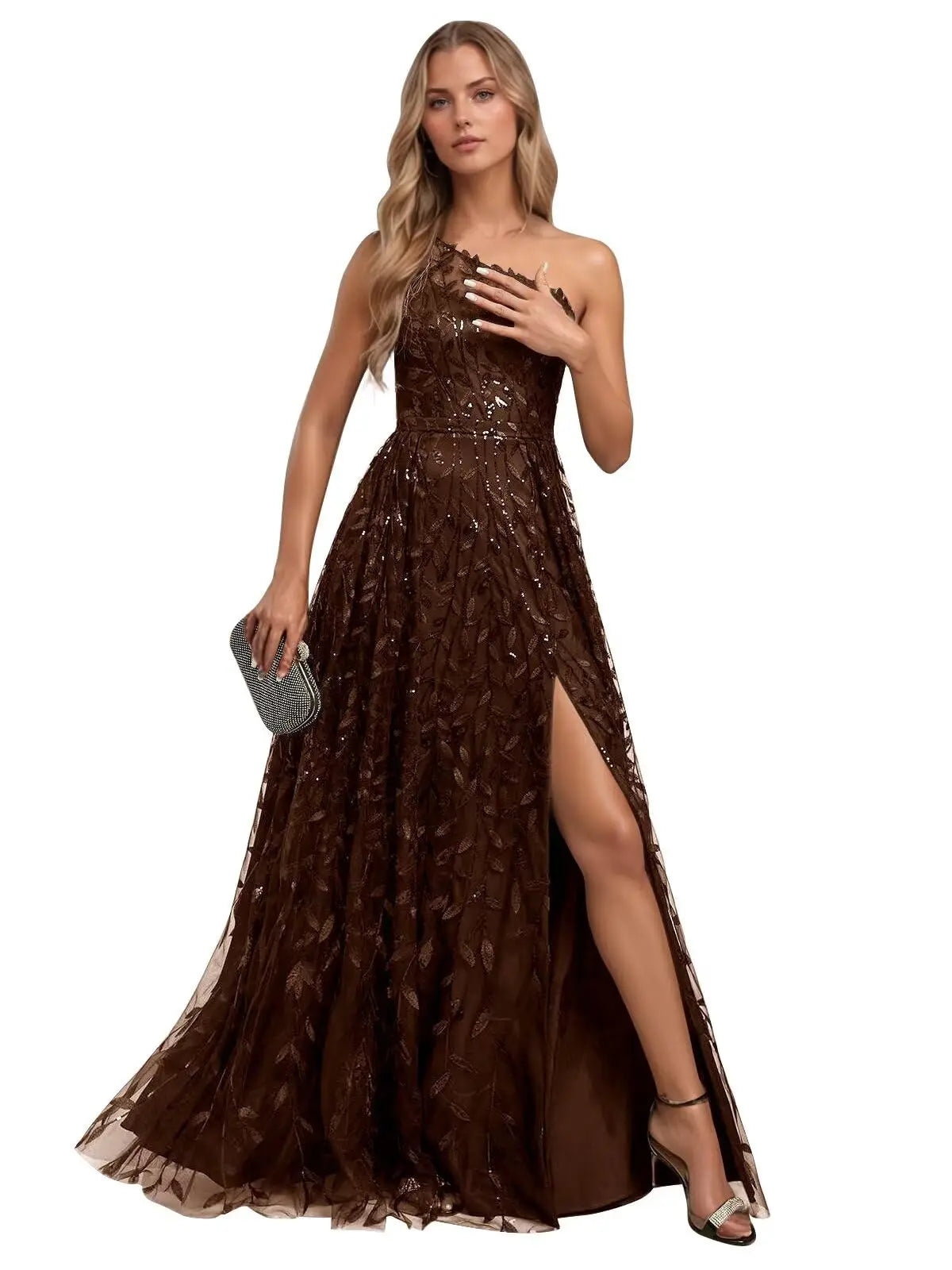 Lace Embroidered sequins Prom Dresses for Women One Shoulder Formal Party Dress Sleeveless Maxi Evening Gown with Slit