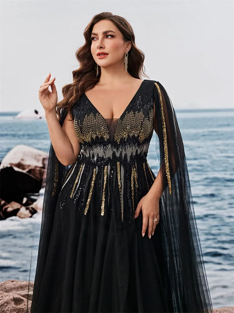 Plus Size Luxury Floor-standing sleeves Sequins Evening Dresses Women V-neck Formal Wedding Party Cocktail Gowns Vestidos