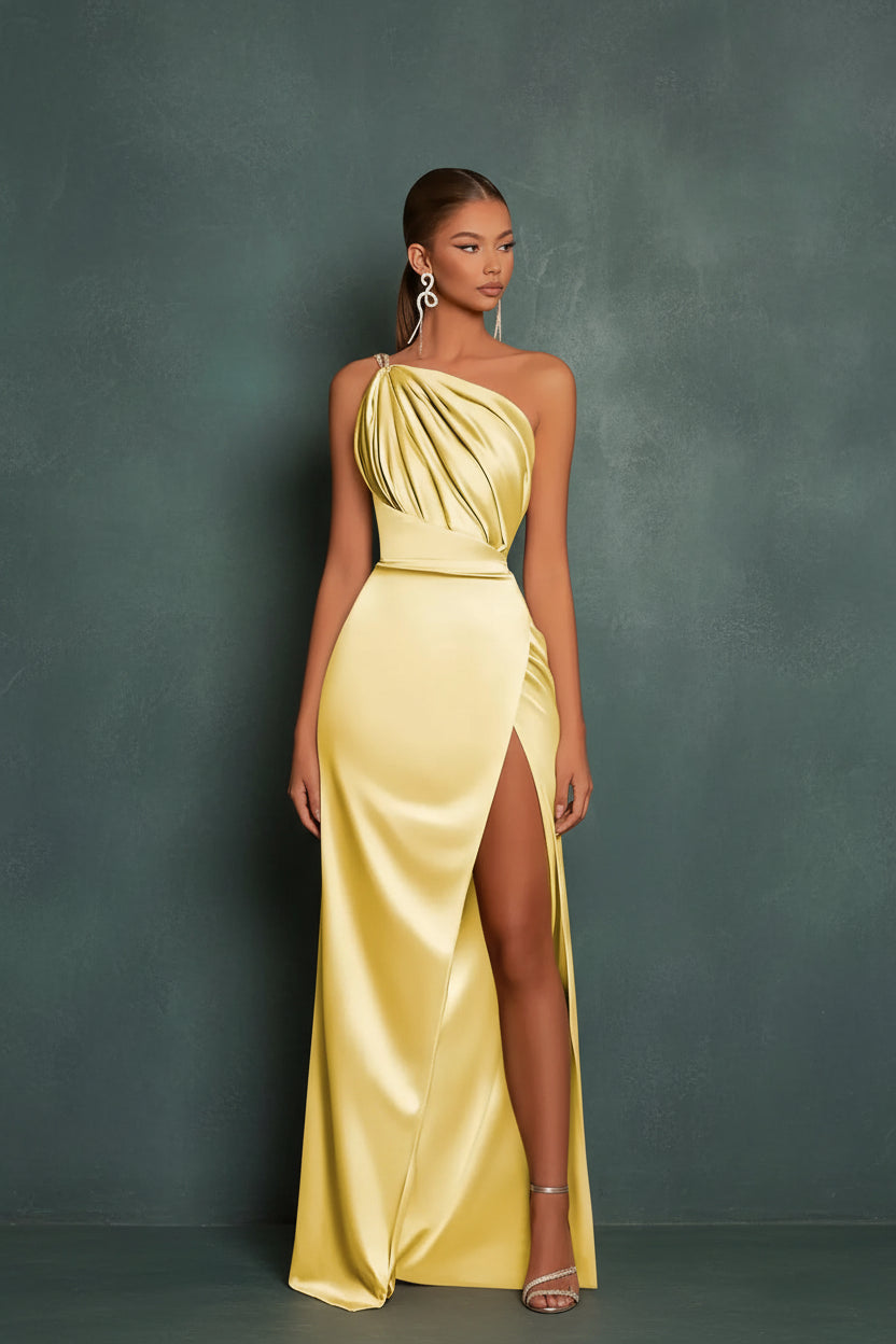 Long Satin Bridesmaid Dresses One Shoulder Spaghetti Straps Mermaid Prom Dress with Slit
