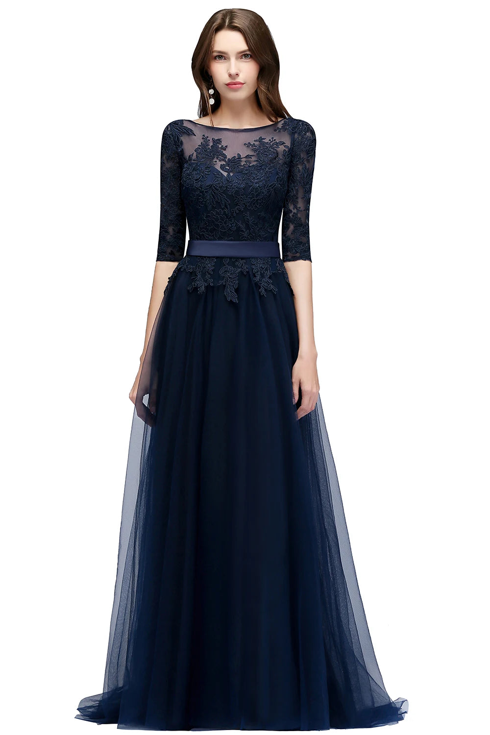 Navy Blue Lace Long Evening Dresses Elegant Half Sleeve Appliques Tulle Formal Party Prom Gown Backless With Belt Robe De Soiree