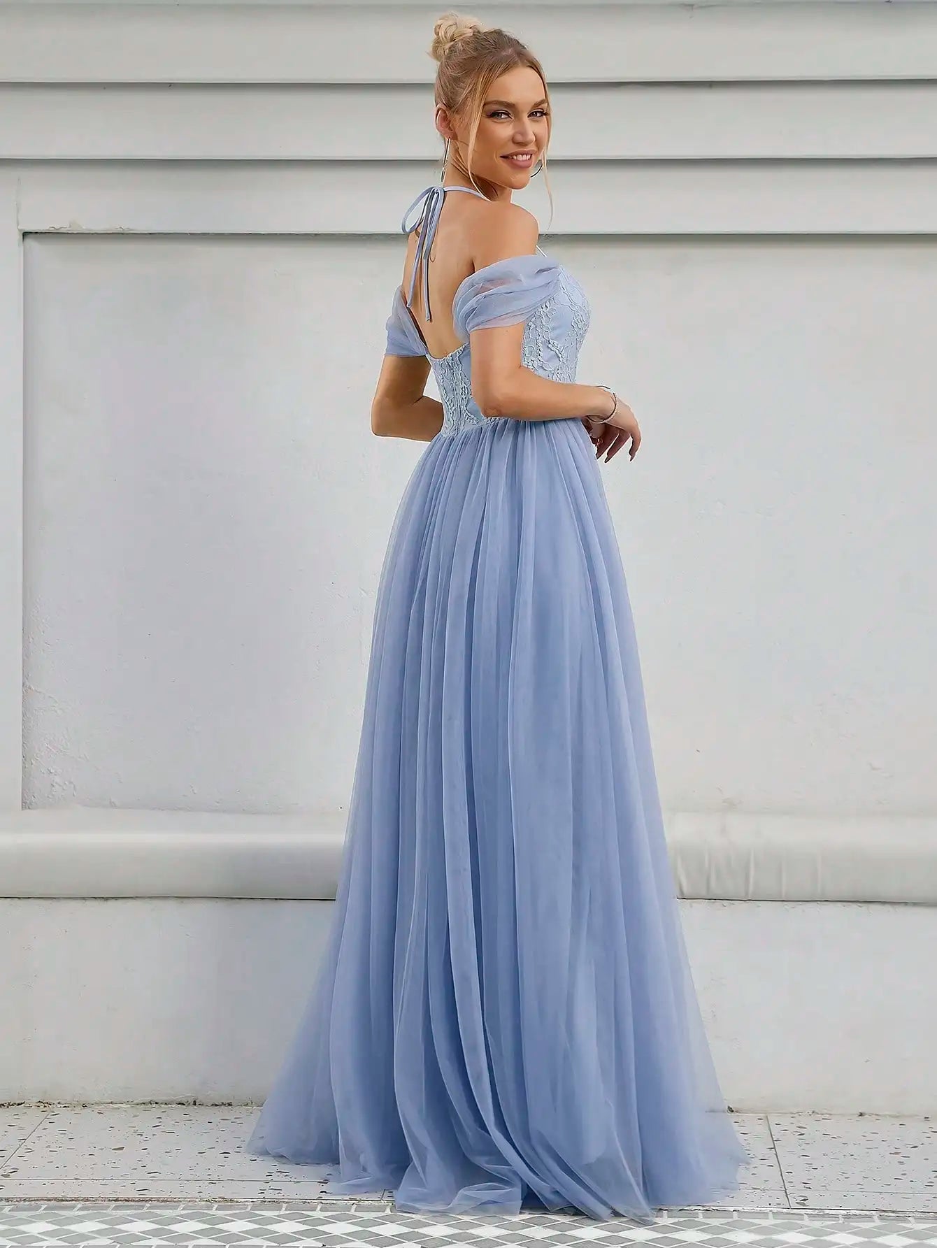 MGIACY    line neck back lace lace mesh pleated bridal gown