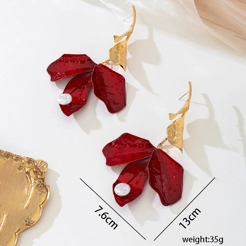 Vintage Red Drip Oil Flower Long Tassel Pendant Earrings for Women Exaggerated White Imitation Pearl Earrings Vacation Jewelry