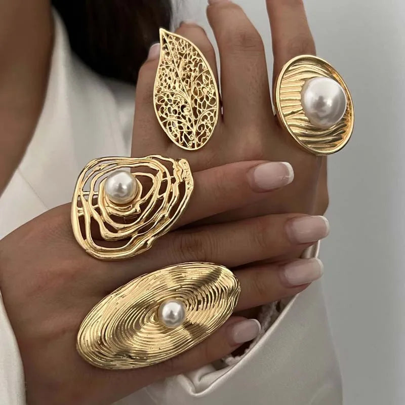Exaggerated Metal Big Pearl Flower Rings for Women Retro Gold Color Irregular Geometric Circle Leaf Opening Finger Ring Jewelry