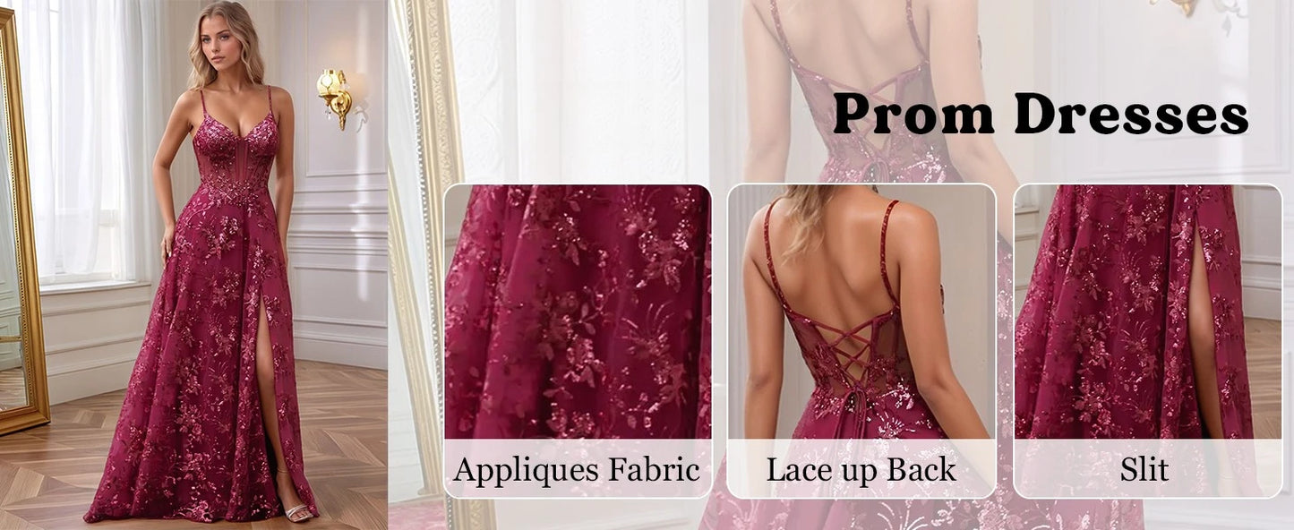 Spaghetti Strap Tulle Appliques Prom Dresses with Slit V Neck Sequin Evening Gown Women Formal Pageant Dress Long Party Dresses