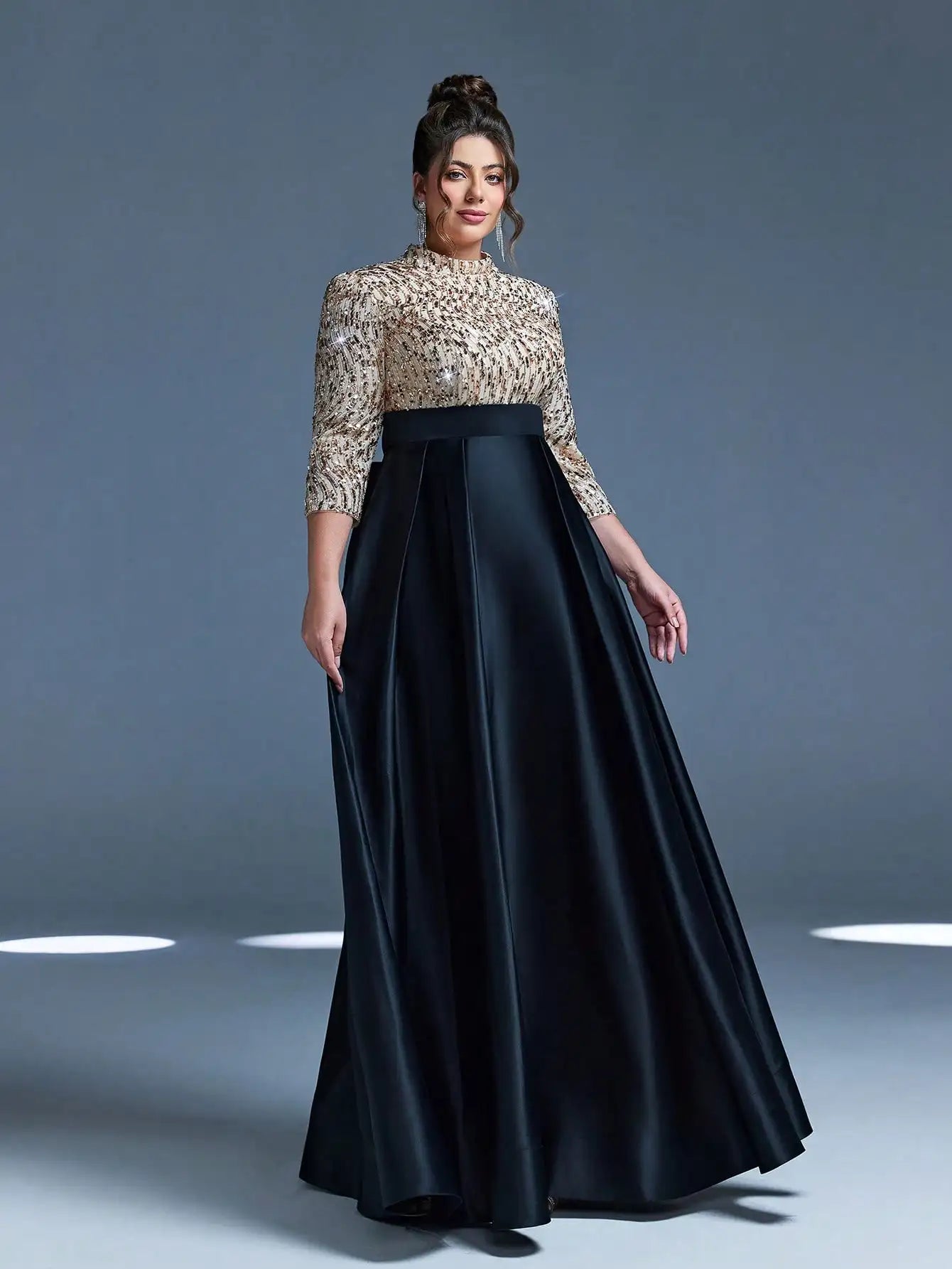 Mgiacy,New Arrival,High neck,Sequin,Elegant,Large size Evening gown dress,Bow,Nine-quarter sleeve,Satin,A-line dress,FOR,Dinner