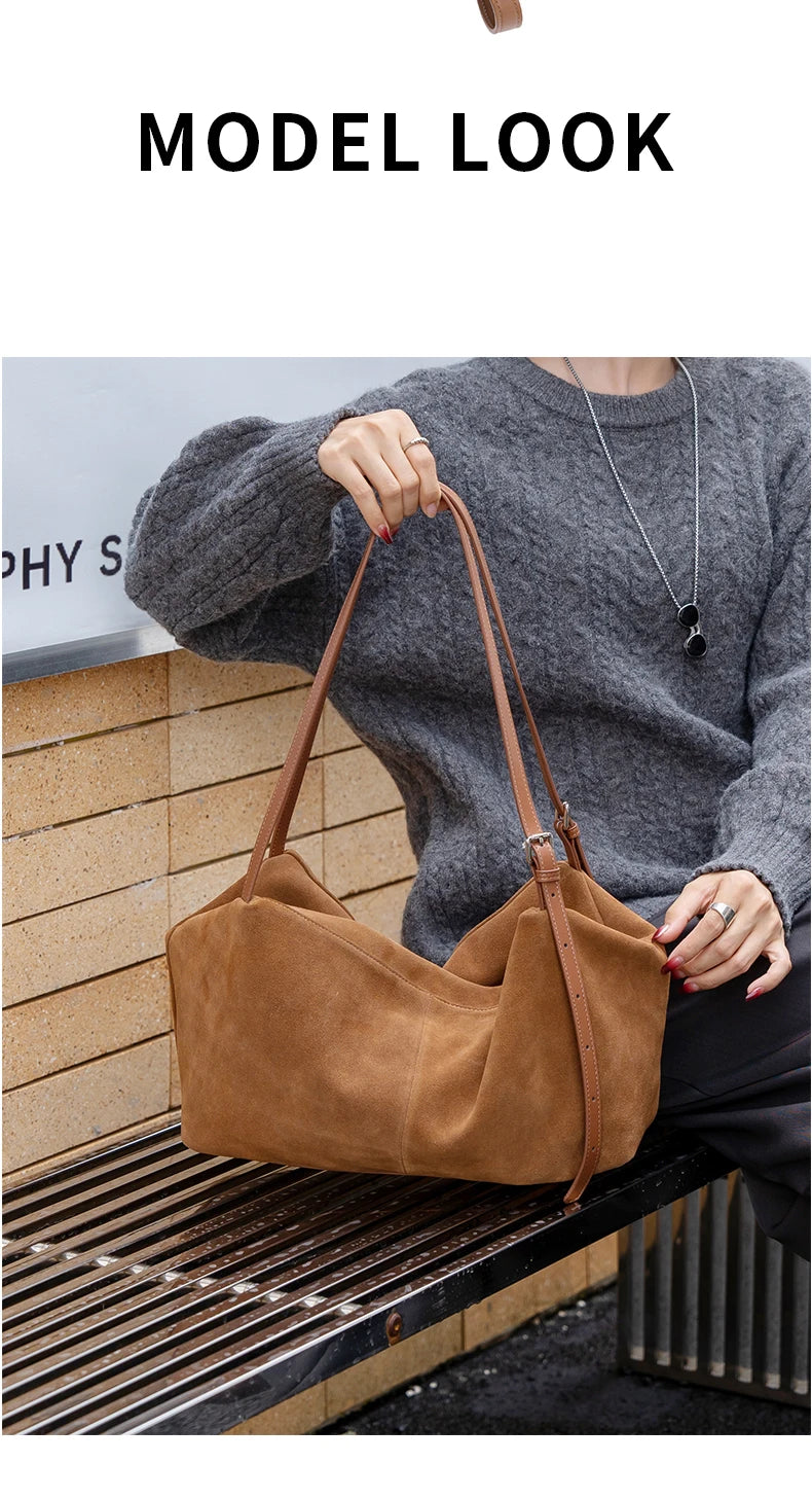 Women's Natural Nuede Genuine Leather Handbags Ladies large capacity Tote Bag Female Design Luxury Commuting Yoga Bag  hobo bag