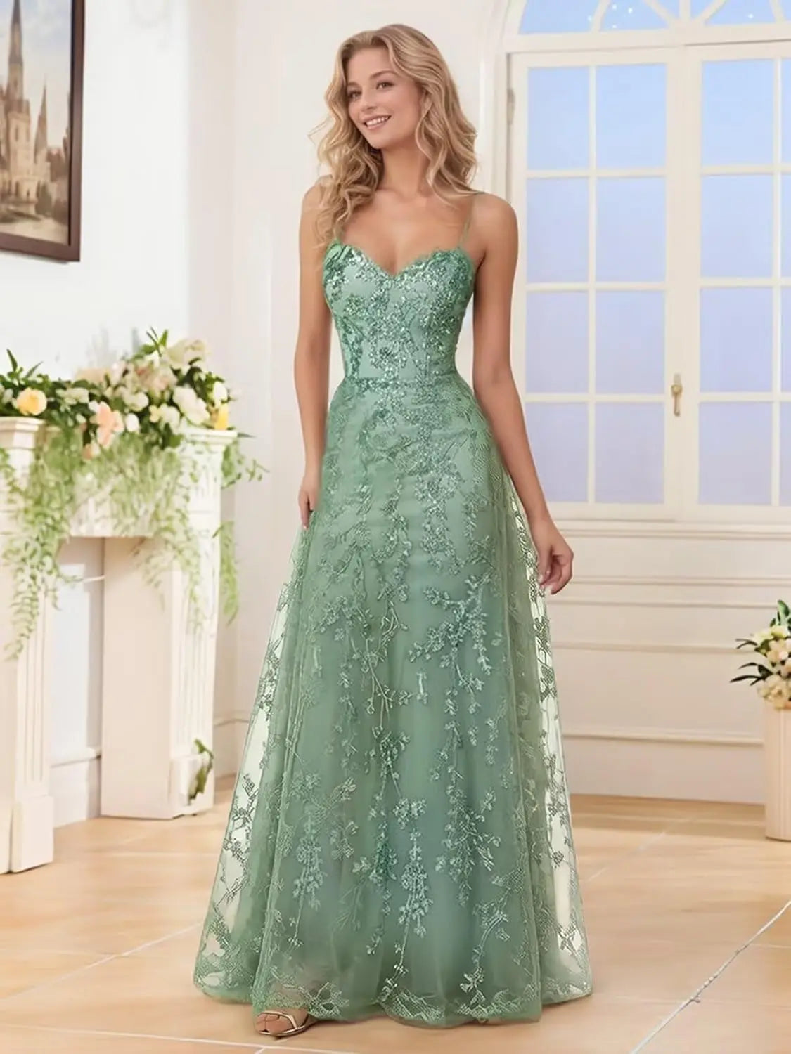 Tulle Formal Dress Laces Spaghetti Strap Sparkly Prom Dress for Women Long Evening Party Gown Formal Dress Women Elegant