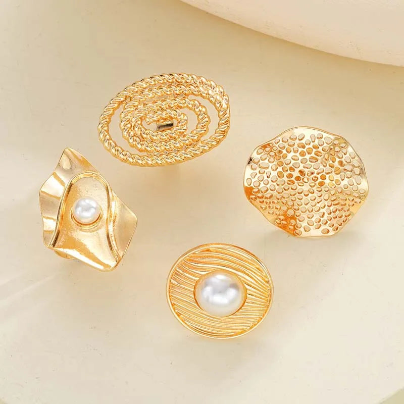 4Pcs/Set Fashion Gold Color Imitation Pearl Flower Chunky Rings Set For Women Exaggerated Metal Hollow Geometric Ring Jewelry