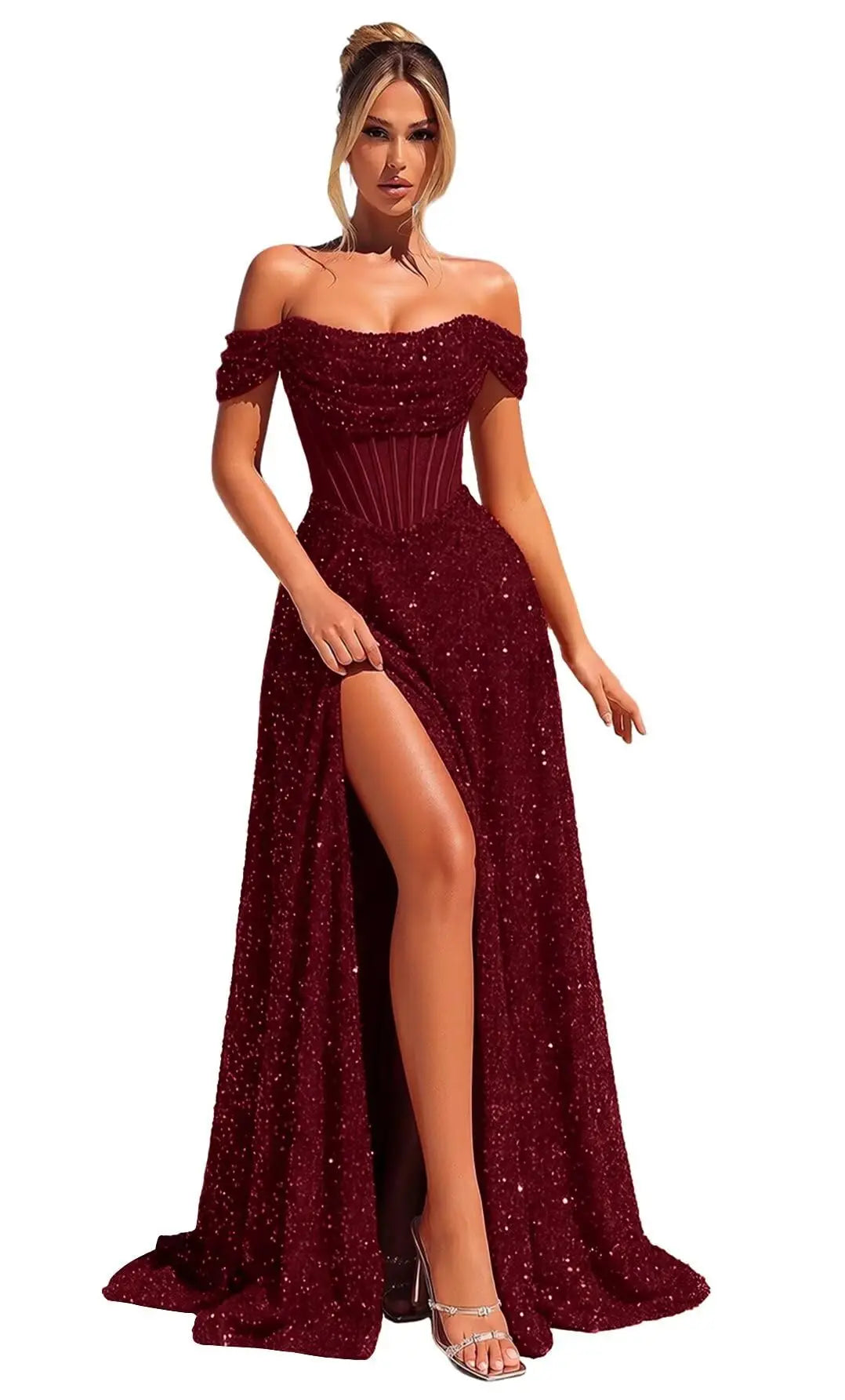 Customized Sparkly Sequins Prom Dresses for Women Off Shoulder Strapless A Line Formal Evening Dress with Side Slit