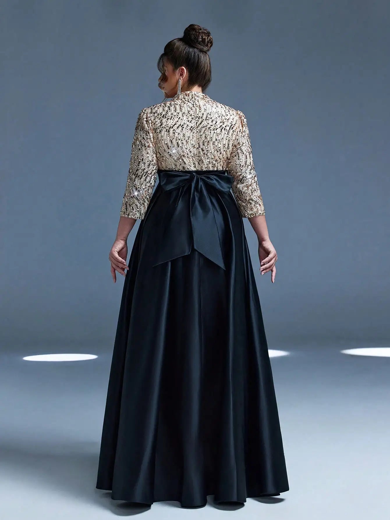 Mgiacy,New Arrival,High neck,Sequin,Elegant,Large size Evening gown dress,Bow,Nine-quarter sleeve,Satin,A-line dress,FOR,Dinner