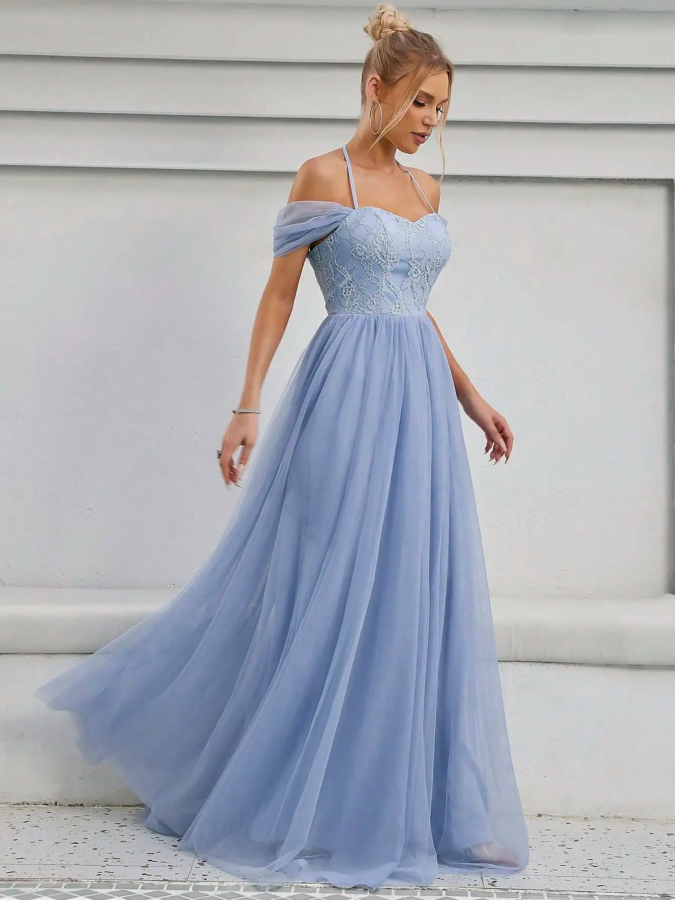 MGIACY    line neck back lace lace mesh pleated bridal gown