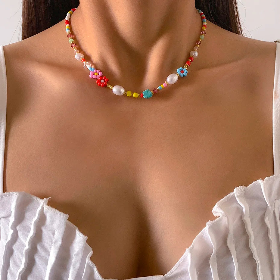 Salircon Baroque imitation Pearls Cute Flower Colorful Handwoven Beaded Short Clavicle Chain Choker Necklace Women Girls Jewelry