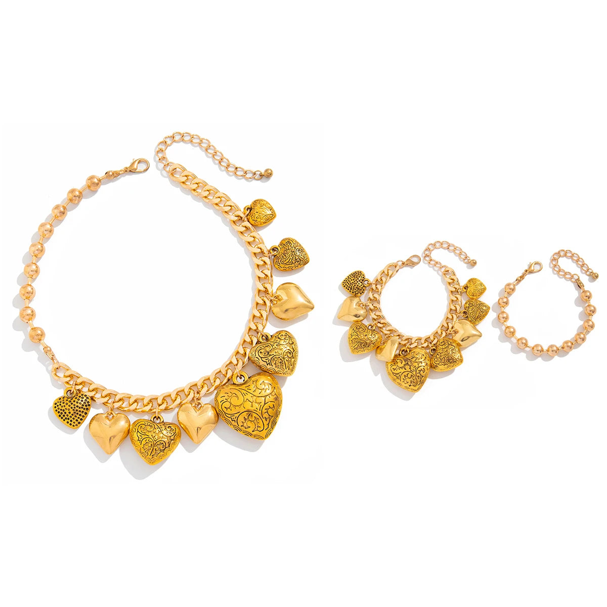 Salircon Vintage Aesthetics Exquisite Chubby Heart Pendant Choker Necklace Bracelets for Women Charm Fashion Jewelry Sets