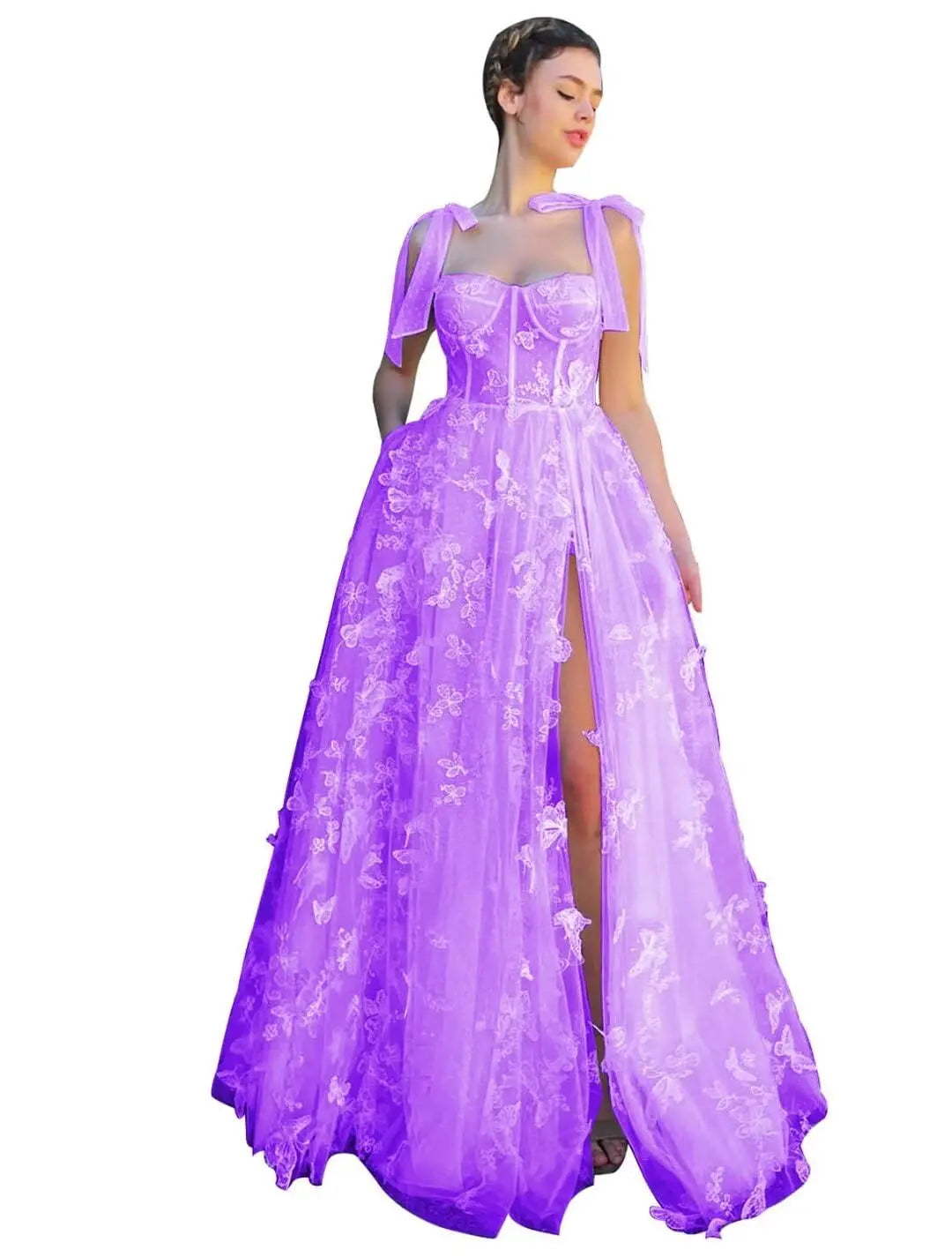 3D Butterfly Tulle Corset Prom Dresses for Teens Formal Fairy Ball Gowns Spaghetti Straps Evening Gown with Slit Party Dresses